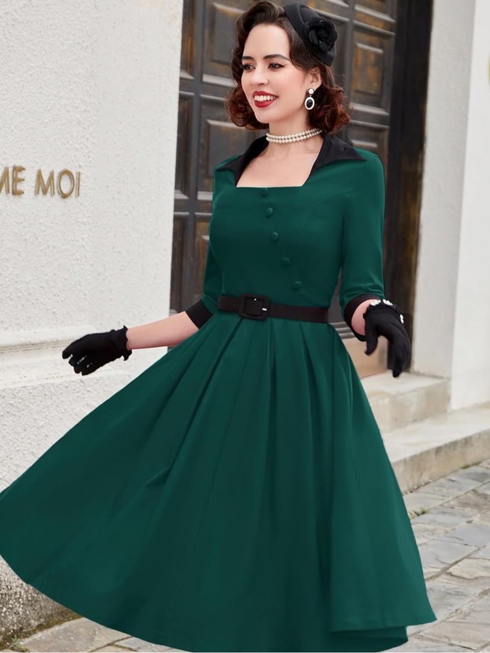 MUXXN Vintage-Inspired Emerald Green Midi Dress- L, Belt Not Included
